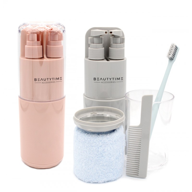 TRAVEL SET 2 DISPENSER DA 50ML + PETTINE + SPAZZOLINO DENTI+ SPECCHIETTO + SALVIETTINA IN MICROFIBRA 30X35 + TAZZA