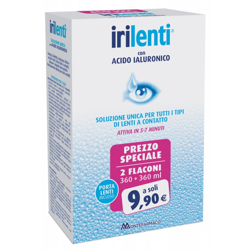 SOLUZIONE UNICA PER LENTI A CONTATTO IRILENTI CON ACIDO IALURONICO 2 FLACONI DA 360 ML + 360 ML