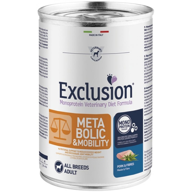 EXCLUSION MONOPROTEIN VETERINARY DIET FORMULA DOG METABOLIC MOBILITY PORK AND FIBRES ALL BREEDS 400 G CANNED